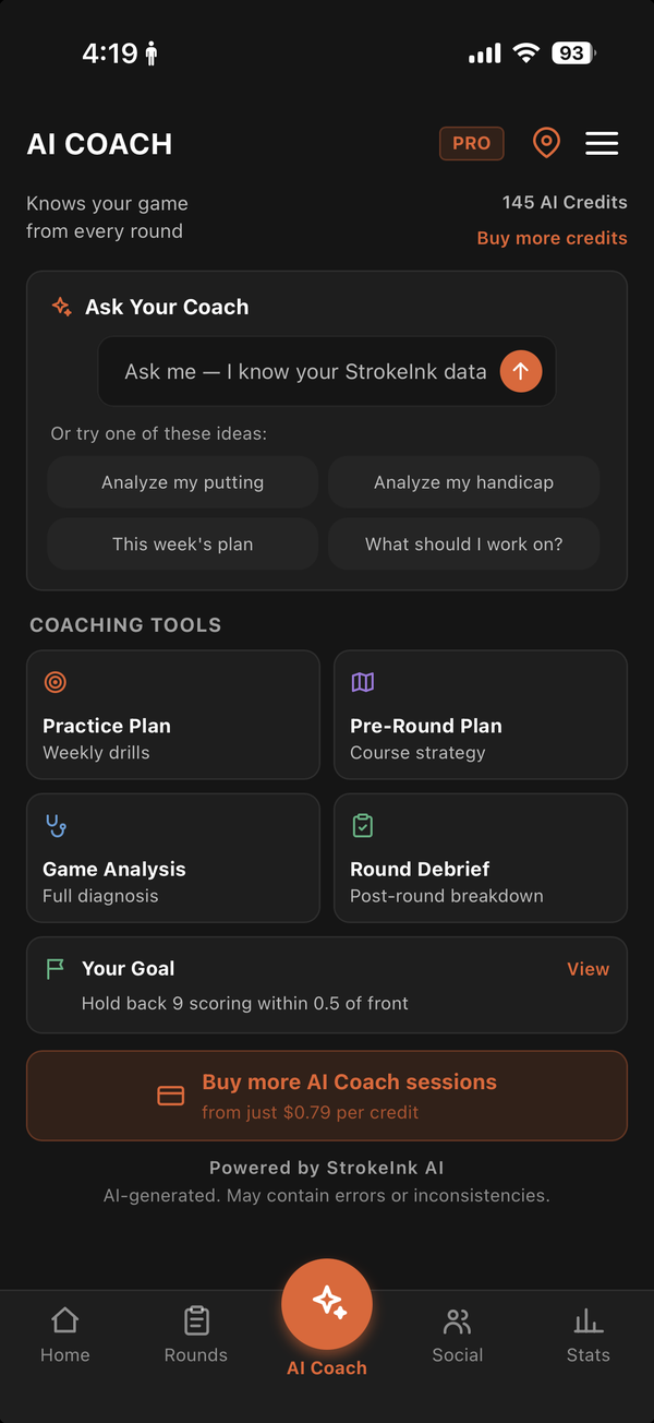 StrokeInk app — AI Coach screen with practice plan, pre-round plan, game analysis, round debrief, your goal and chat