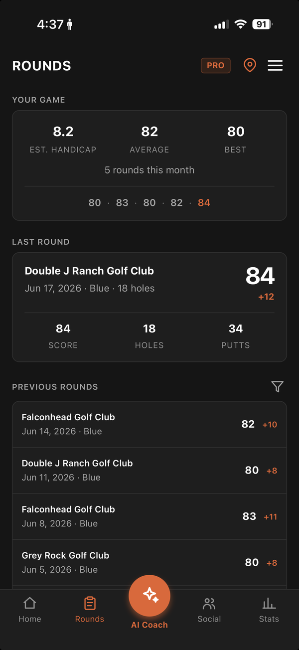 StrokeInk app — Rounds screen with handicap, average, and round history